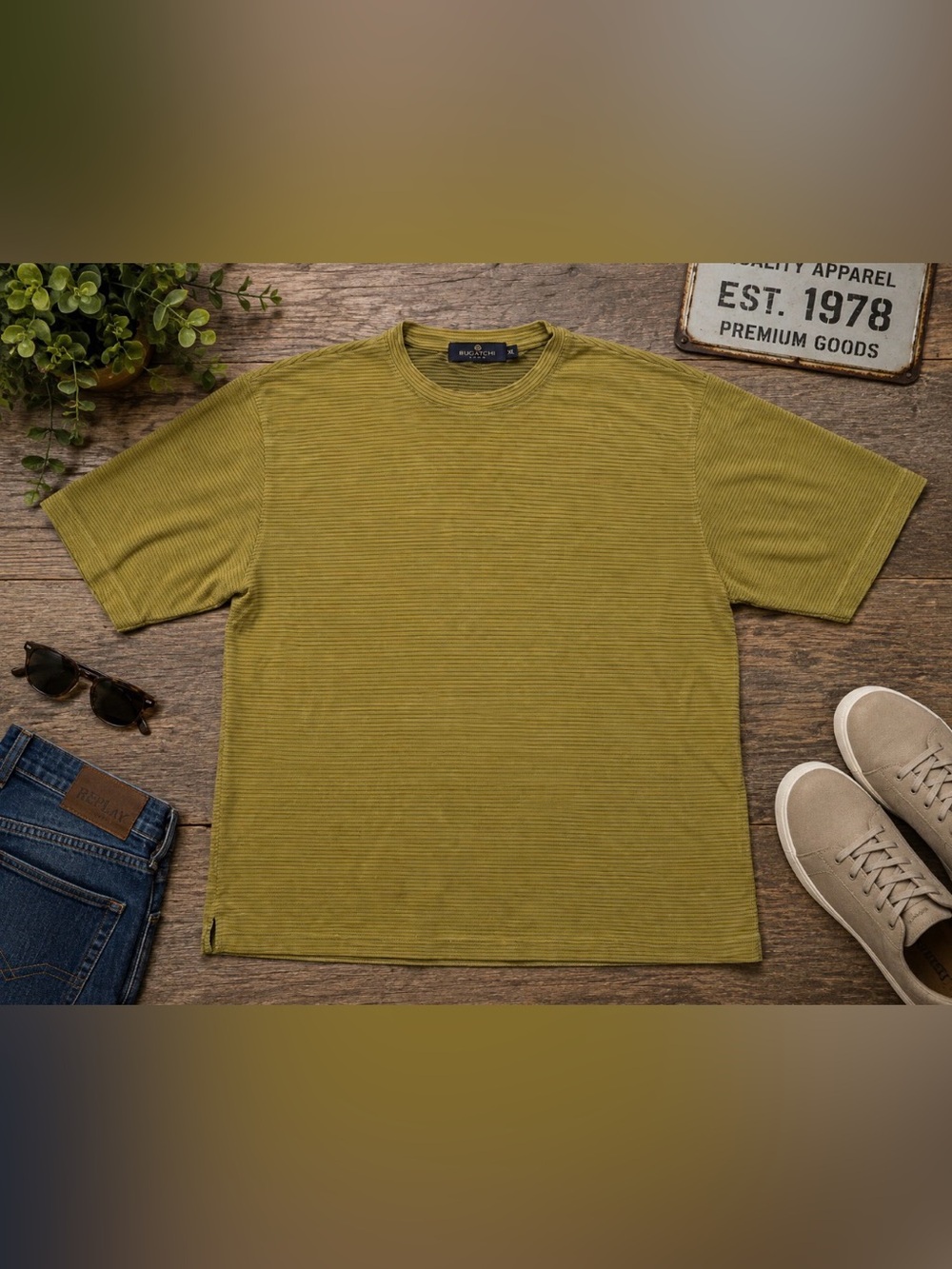 Bugatchi Uomo Men XL Olive Green Micro Stripe Short Sleeve Crew Neck Shirt